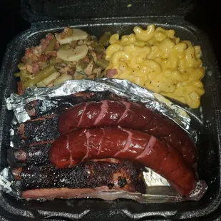 2 meat plate $20.  Ribs, sausage, macaroni &amp; cheese and green beans.