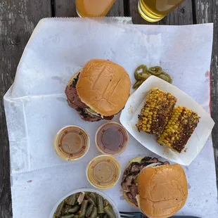 Green Beans, Brisket &amp; Sausage Sandwich, Corn on Cob