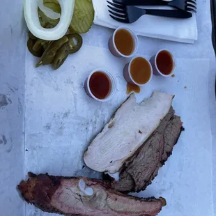 Sample of the brisket, ribs and turkey