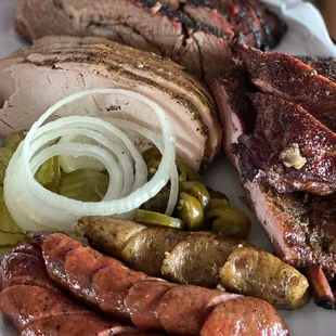 Brisket, turkey, pork ribs, sausage, boudin