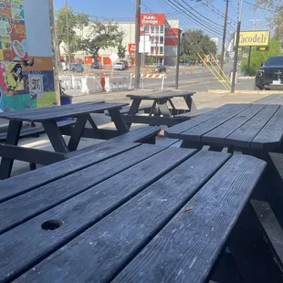 Outdoor seating only, but you can sit inside the bar if you order a drink
