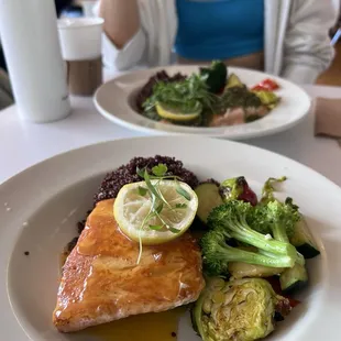 Salmon orange sauce veggie medley heirloom grains