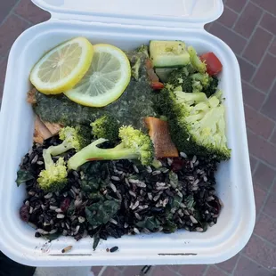 lunch plate (grilled salmon, chimichurri, heirloom grains, vegetable medley)