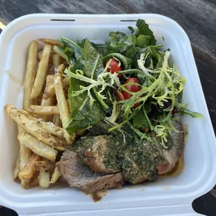 Tri tip with chimichurri, garlic fries, heirloom greens
