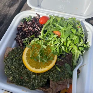 Steak, salad, grains