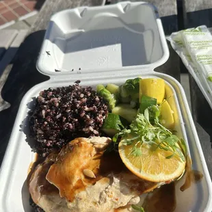 rotisserie chicken breast with heirloom grains and a seasonal salad