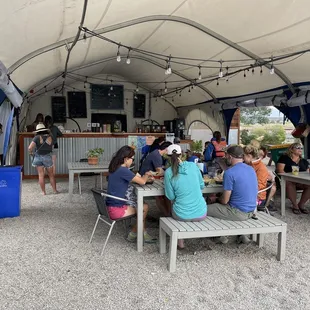 a group of people sitting at a picnic table