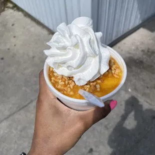 a hand holding a bowl of ice cream