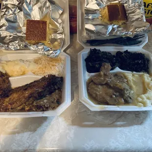 Turkey wing, mash potatoes and rice - 2nd is smothered chicken, mash potatoes and gravy and greens - all delicious.