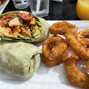 Buffalo Chicken Salad as a wrap with Onion Rings which were superb