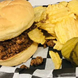 JUMBO SLOPPY JOE, CHIPS, AND PICKLES