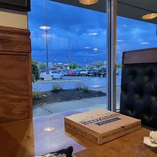 a pizza box on a table