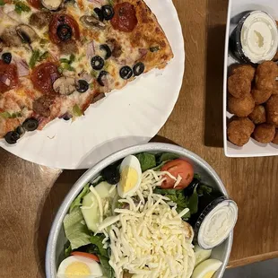 Canal Street slice, House Salad with egg and cheese added, Fried Mushrooms