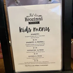 Kids menu