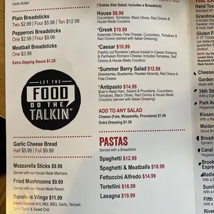 Appetizers, salads, pastas.