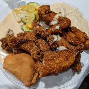 Photo #30,000: Wedding catering plate of Catfish Fingers + Crawfish Pies