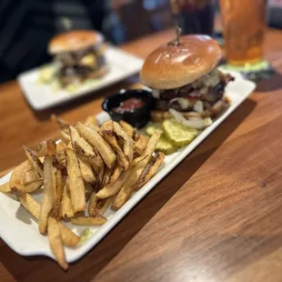 Bru Burger with fries, pickles and cheddar cheese