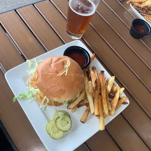 Snack burger and fries. Fat tire amber ale
