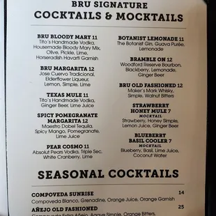Cocktail menu
