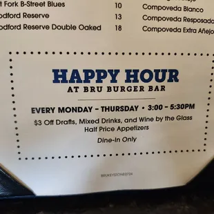 Happy Hour M-Th 3-5:30 PM $3 off drinks