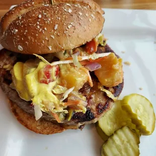 TURKEY BURGER Carrot-Ginger Slaw, Peach Compote, Curry Mayo, Oat Bun