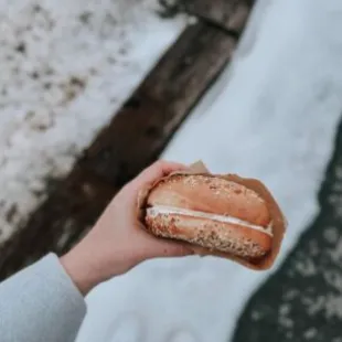 a person holding a sandwich