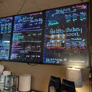 Backlit Menu covers an entire wall and offers many selections.