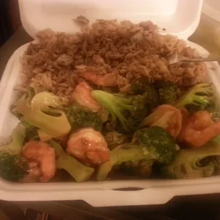 Shrimp with Broc. All Day Special. Comes with an egg roll and your choice of soup.