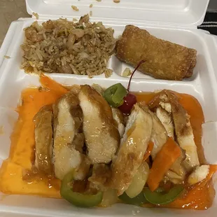 "HALF" of my sweet and sour chicken w/ house rice and egg roll.