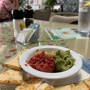 Hummus of the day!  Three-in-one, cilantro lime, roasted beet, and lemon pepper, INCREDIBLY good, best ever hummus.