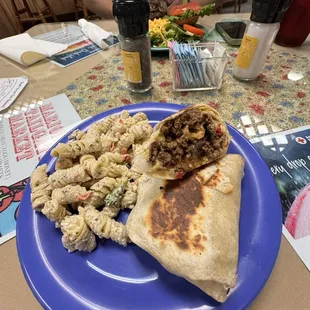 Pimento burger wrap with Pasta Salad