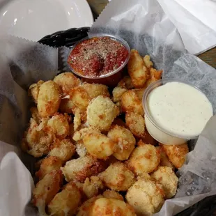 Cheese curds with marinara and ranch.