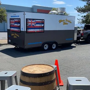 Rotating food trucks on weekends.