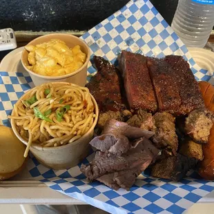 Bossalini's food truck: Ribs, hot link, brisket, garlic noodles, Mac &amp; chicken &amp; corn bread