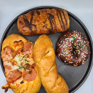 Chocolate croissant, sprinkle donut, Hokkaido frank, pepperoni cheese focaccia