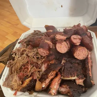 Brisket, ribs, and sausage