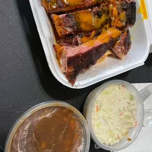 Rib Dinner with Coleslaw and Baked Beans