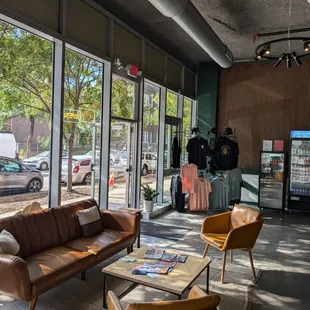 Cozy couches and hang out spots for coffee and beer.