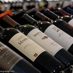a row of wine bottles