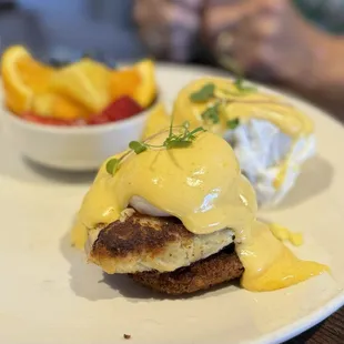 Crab patty eggs Benedict