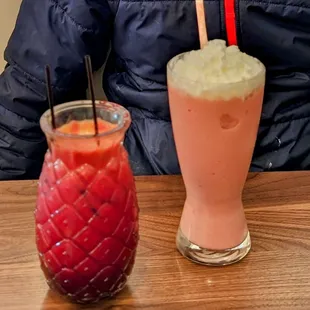 Cold pressed beet/apple/carrot juice and a strawberry banana shake