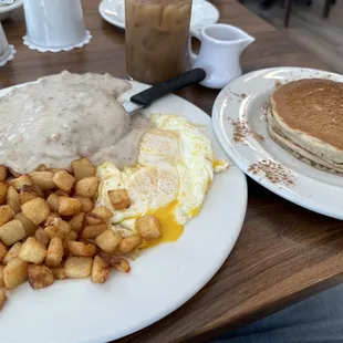 Country Fried Steak, Multigrain Pancakes, Cold Brew