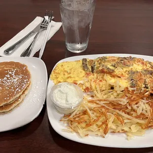 a plate of breakfast food and a glass of water