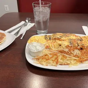 an omelet and pancakes