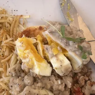 Overcooked egg on the Buscuits and gravy benedict