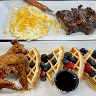 Steak and Eggs  Nashville Hot Chicken &amp; Strawberry N Cream waffles...still looking for the cream...