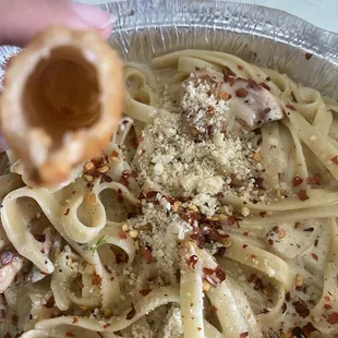 Pasta and fried mozzarella stick with no cheese