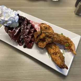 Fried Chicken &amp; Waffles - red velvet waffle with blueberry compote