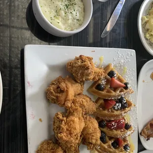 Chicken and Waffles with a side of grits