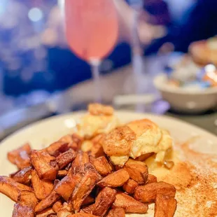 a plate of food and a drink